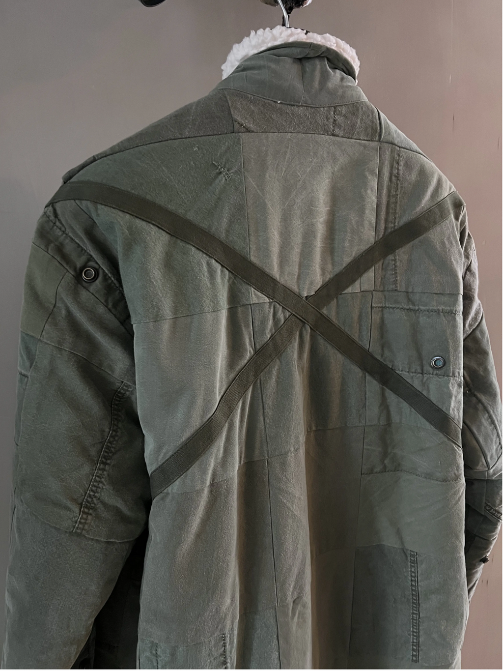 Greg Lauren Army Tent Scrapwork Long Coat — Military Green Shearling