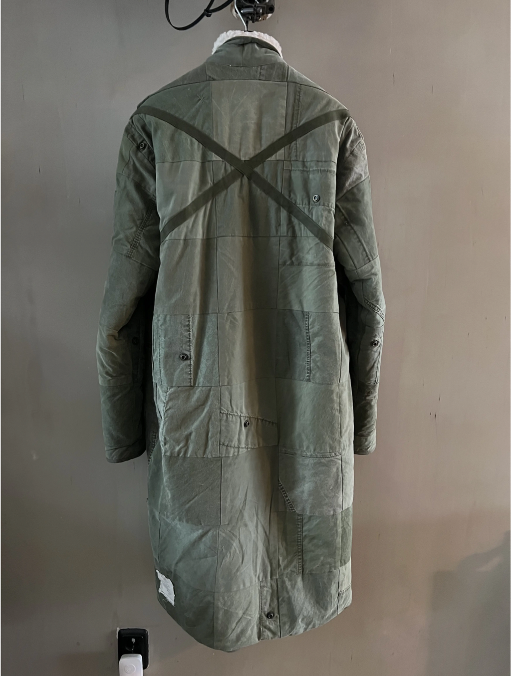 Greg Lauren Army Tent Scrapwork Long Coat — Military Green Shearling