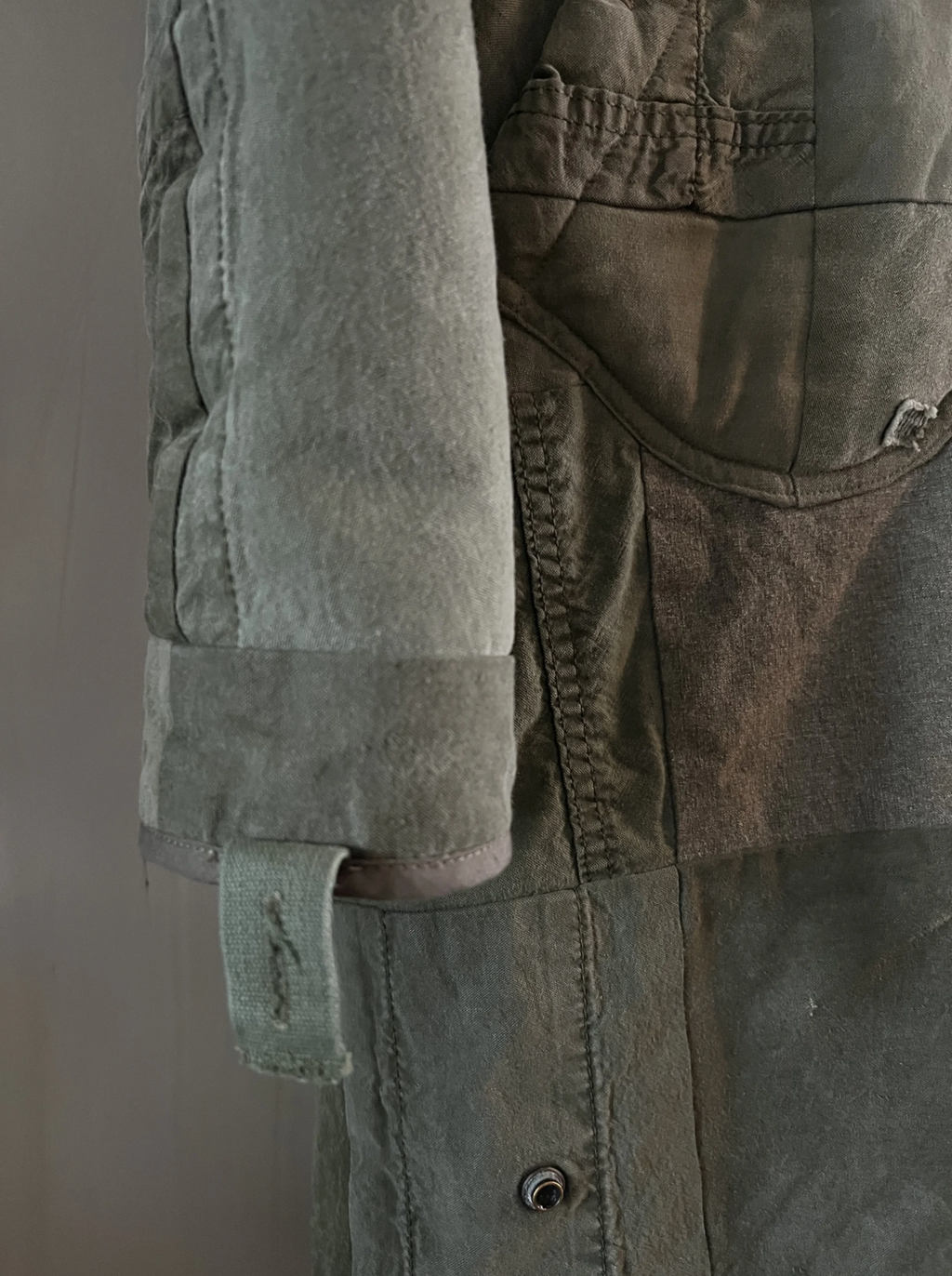 Greg Lauren Army Tent Scrapwork Long Coat — Military Green Shearling