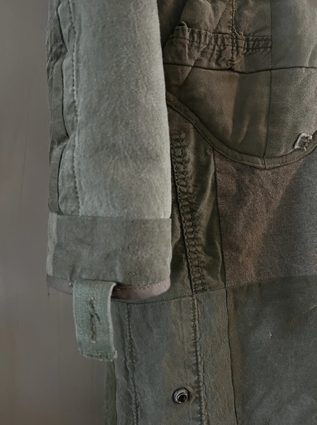 Greg Lauren Army Tent Scrapwork Long Coat — Military Green Shearling