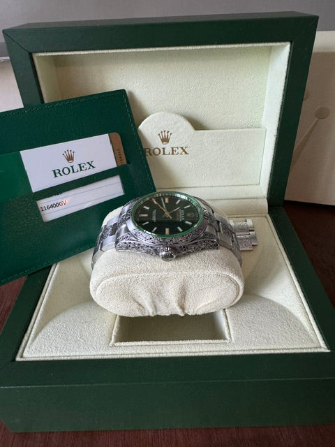 Rolex Milgauss 116400GV — Hand-Engraved, Full Set
