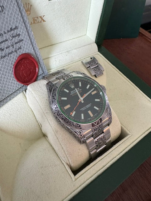 Rolex Milgauss 116400GV — Hand-Engraved, Full Set