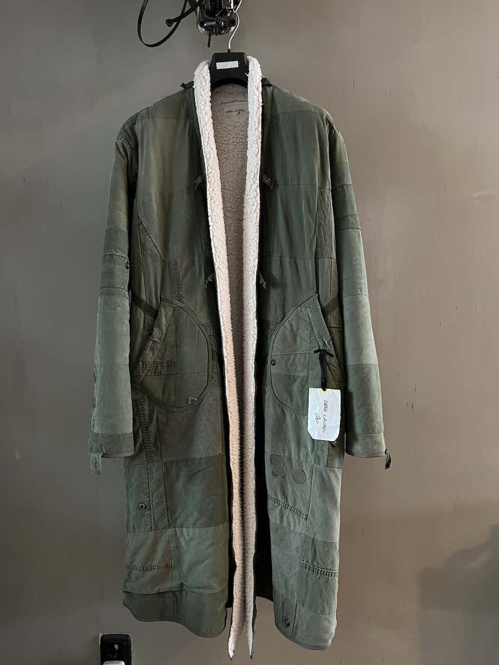 Greg Lauren Army Tent Scrapwork Long Coat — Military Green Shearling