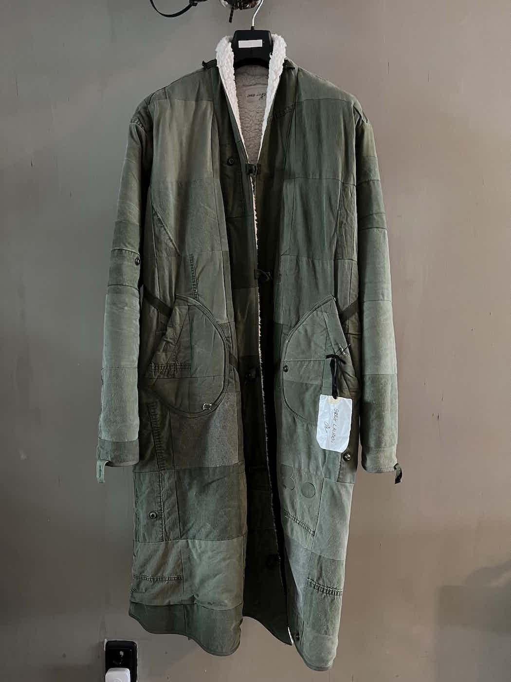 Greg Lauren Army Tent Scrapwork Long Coat — Military Green Shearling